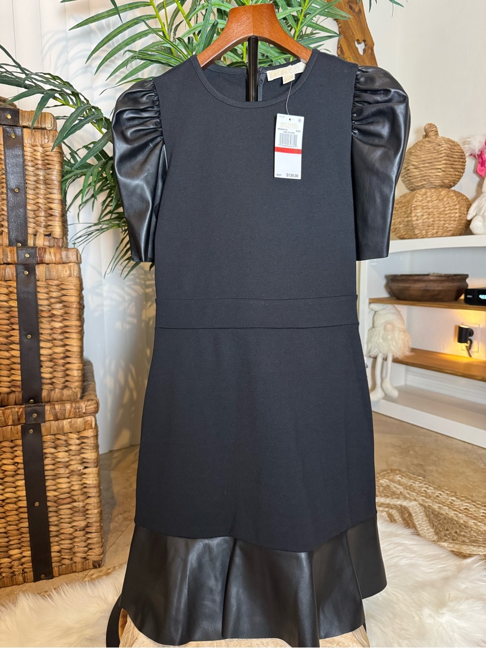 Michael Kors Black leather Puff-Sleeve Dress - xs